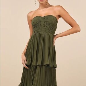 Lulu’s Seriously Sensational Olive Green Strapless Tiered Maxi Dress